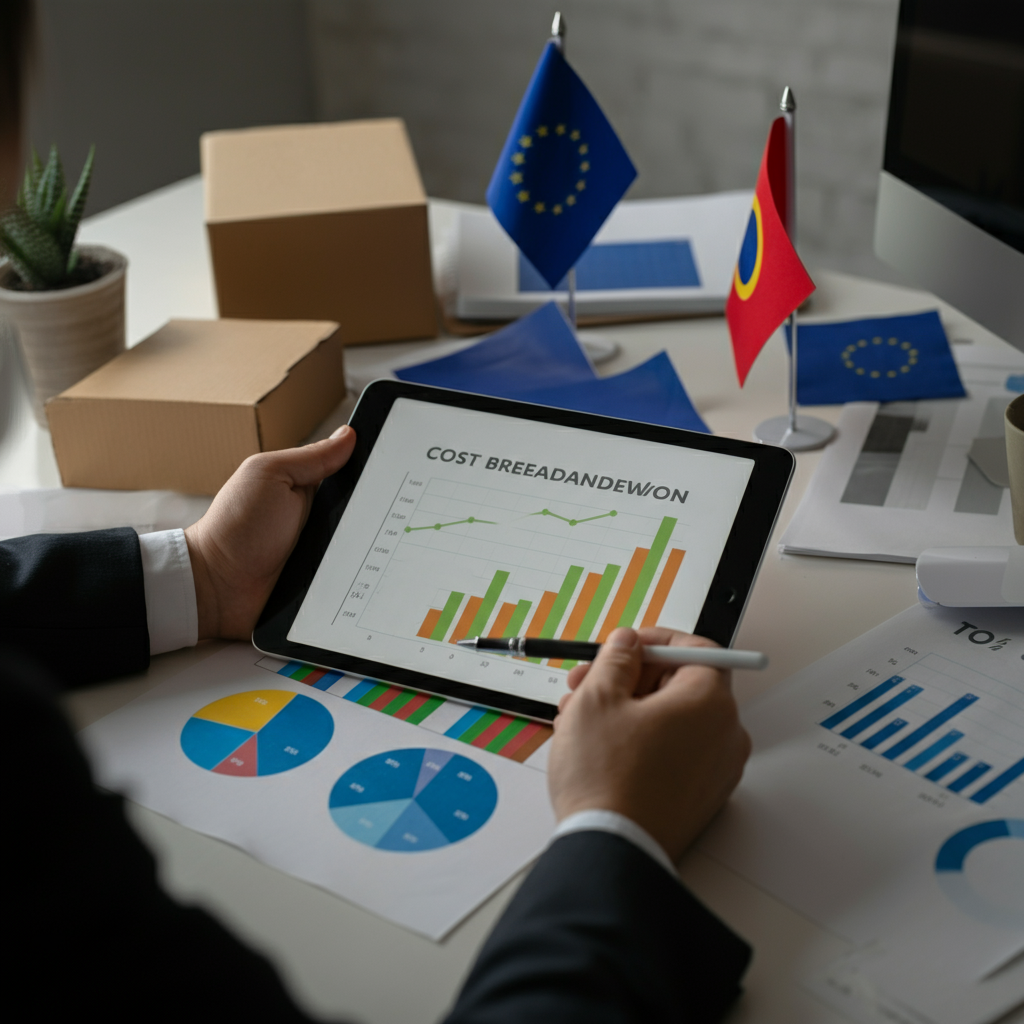 Hands reviewing a digital cost breakdown chart for EU compliance on a tablet, with product packaging and EU flags visible in a modern office setting.