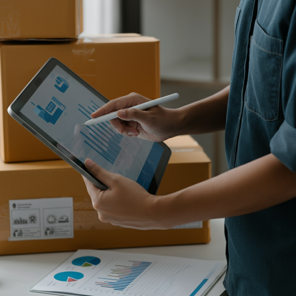 A logistics professional’s hands sorting printed email bounce reports and analytics at a desk, with courier parcels and a digital dashboard in the background.