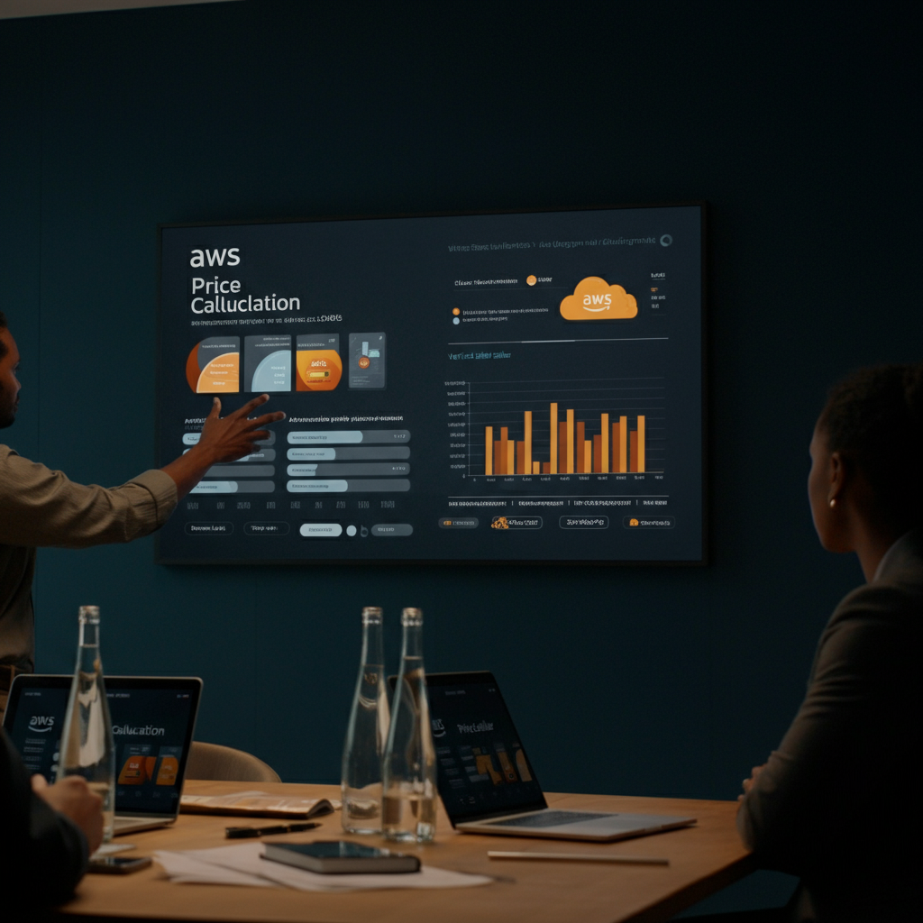 Conference room scene with professionals' hands interacting with a digital wall screen showing Aws Price Calculator data and verified seller information for 2026 budgeting.