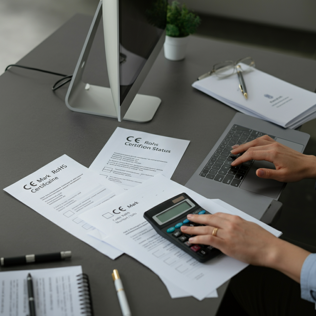 Overhead view of Ce Mark Rohs checklists, laptop with certification status, and hands using a calculator for Shopify compliance.