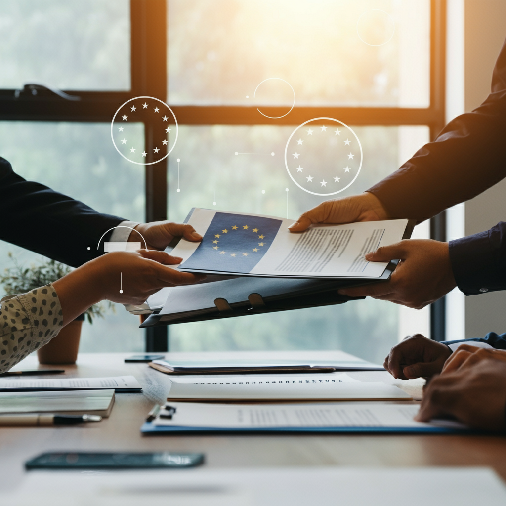 Hands exchanging EU compliance folders and product checklists in a meeting room, highlighting the importance of documentation for eBay sellers.