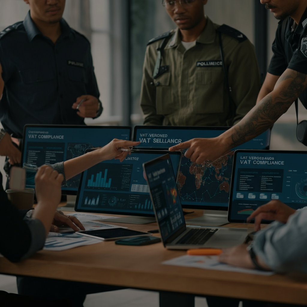 Compliance professionals collaborating on VAT-verified Amazon seller data using analytics dashboards, highlighting Predictive Data Analysis in action.