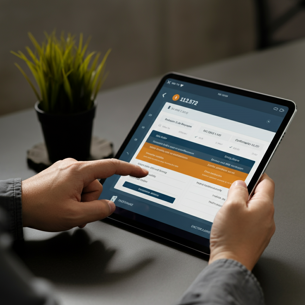 Tablet on a modern office desk showing the Amazon Seller App’s entity confirmation, with hands pointing to verified seller details to illustrate lead validation.