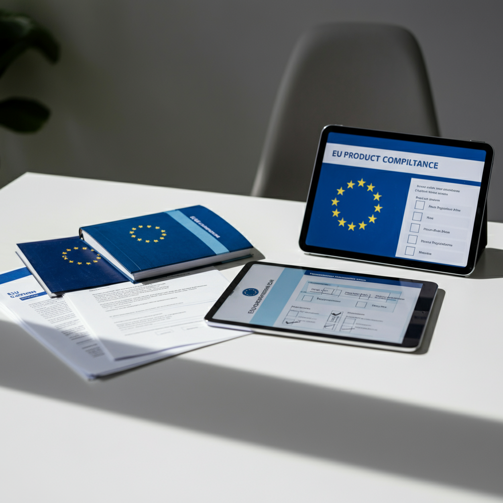 A modern desk with EU Responsible Person compliance paperwork, regulation books, and a tablet showing a product compliance checklist.