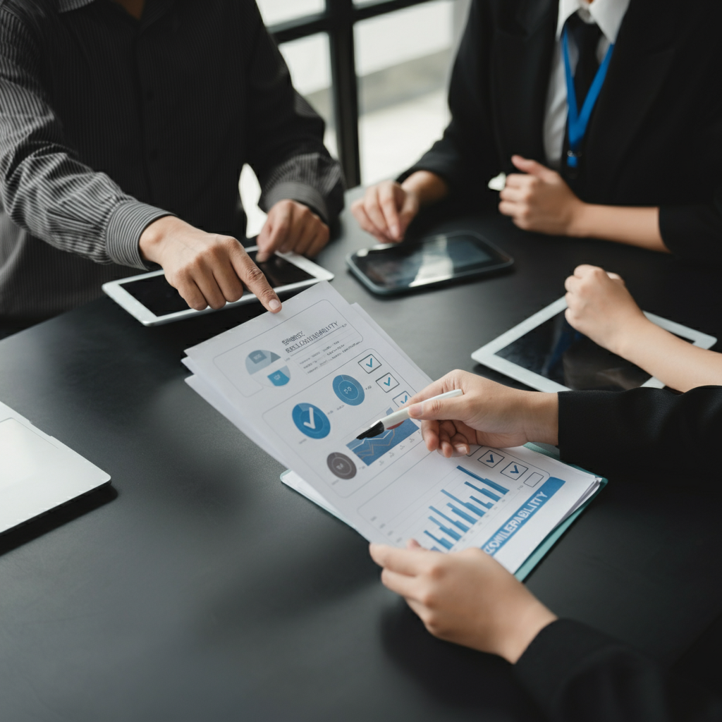 Agency professionals review email deliverability reports and sender reputation charts in a modern meeting room, highlighting compliance and blacklist risk.