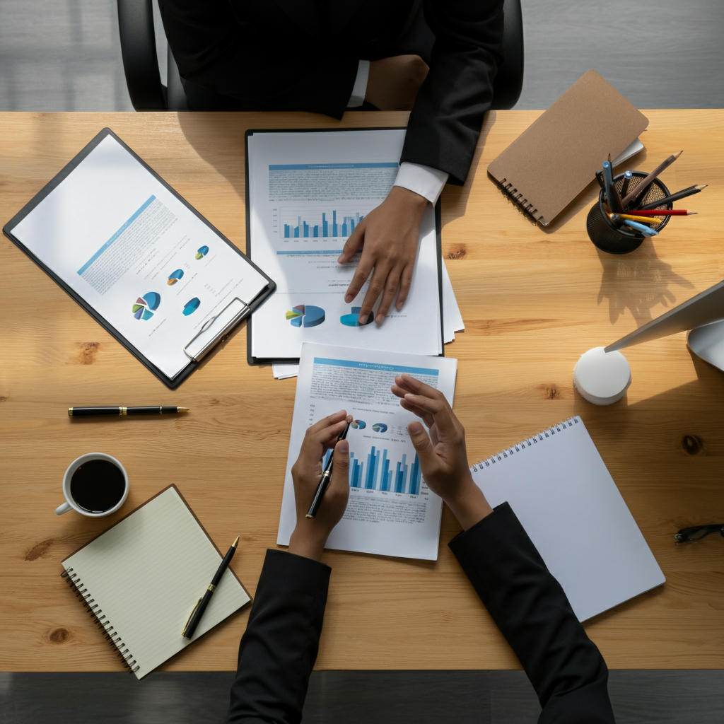 Office desk with hands reviewing compliance charts and EU regulatory documents, illustrating Market Surveillance Regulation penalties for Chinese sellers in 2026.