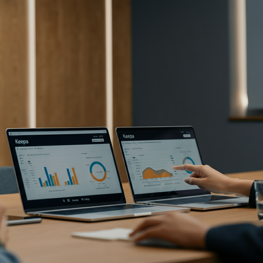 Team reviewing Keepa Chrome Extensions analytics on laptops and screens, collaborating to identify dissolved Amazon seller entities.
