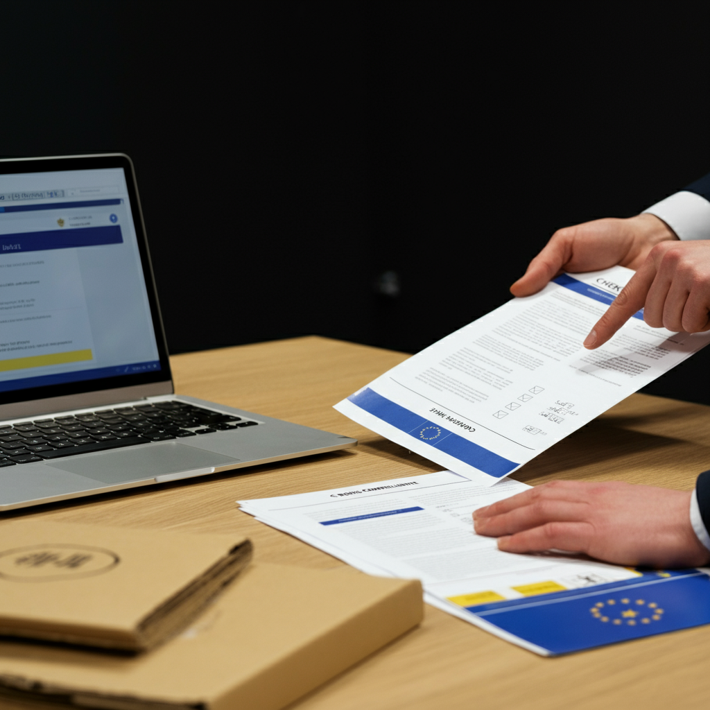 Hands in a British meeting room pointing to CE marking and RoHS checklists on a table with product packaging, representing [[Eu Compliance