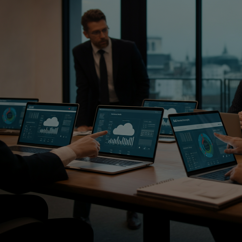Hands pointing at cloud analytics dashboards in a British SaaS meeting room, illustrating AWS Quick Insight and domain reputation risk management for 2026.