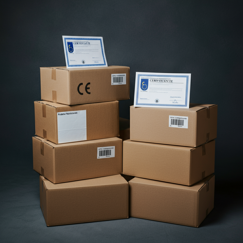 CE-marked electronic products and compliance certificates displayed together at an EU border inspection, illustrating Ce Mark Rohs requirements.