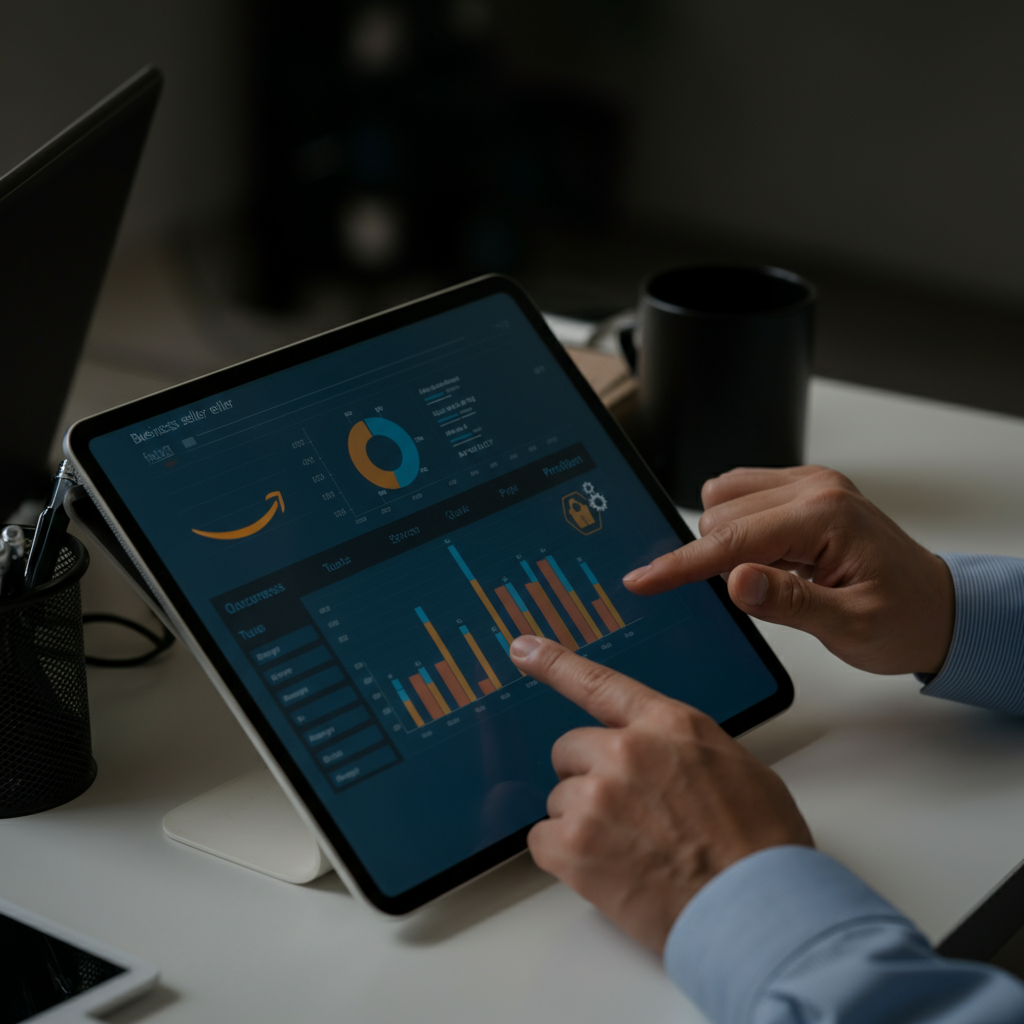 Tablet displaying business analytics tools with Amazon seller data and verification icons, highlighting the importance of entity confirmation for SaaS campaigns.