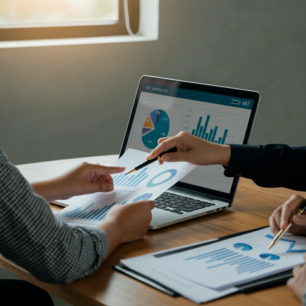 Professionals' hands point to printed VAT-verified lead reports and predictive data analysis charts during a team review in a modern Amazon agency office.