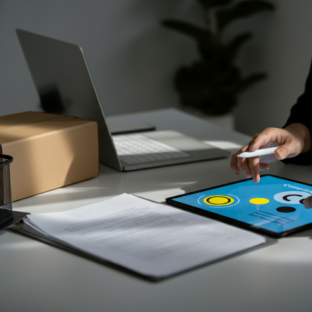 A collaborative office scene with a team reviewing compliance binders, product packaging, and a digital checklist for [[