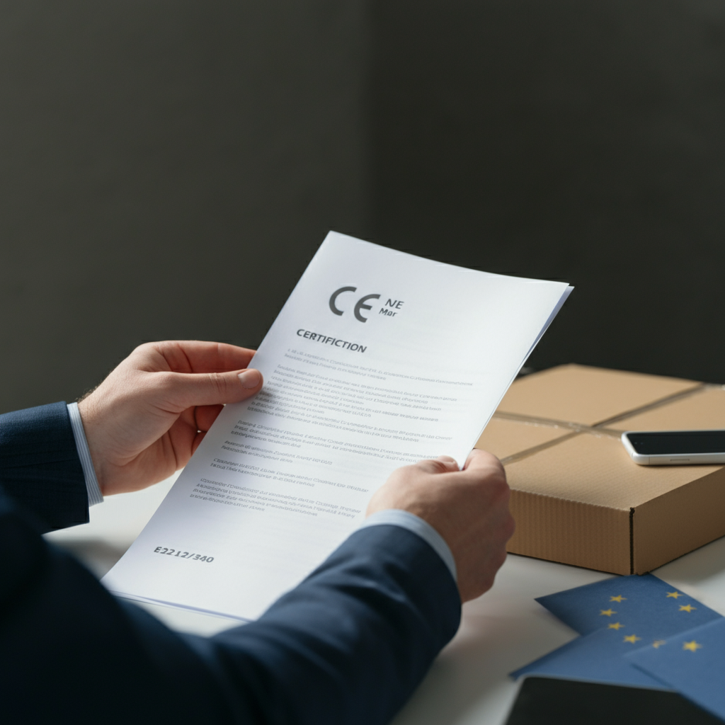 Hands reviewing CE mark certificates and compliance folders, surrounded by product packaging, illustrating EU compliance checks for UK sellers in 2026.