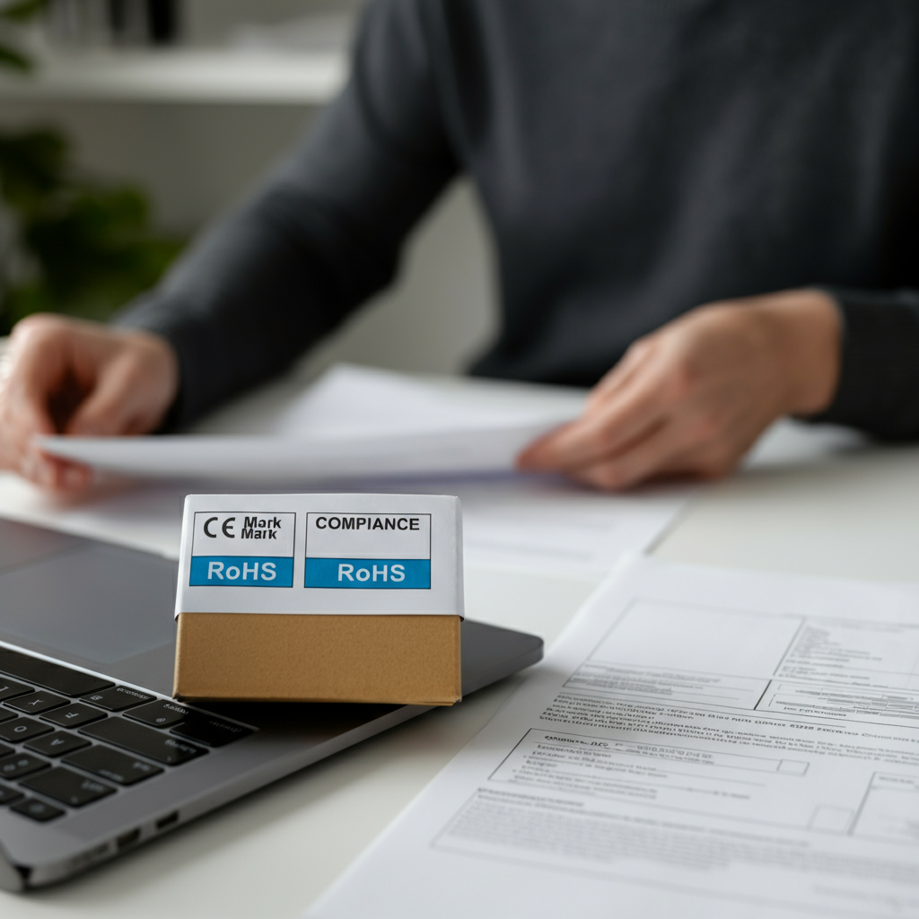 Hands organizing CE Mark and RoHS labeled product packaging and documents, highlighting eBay compliance steps for 2026.