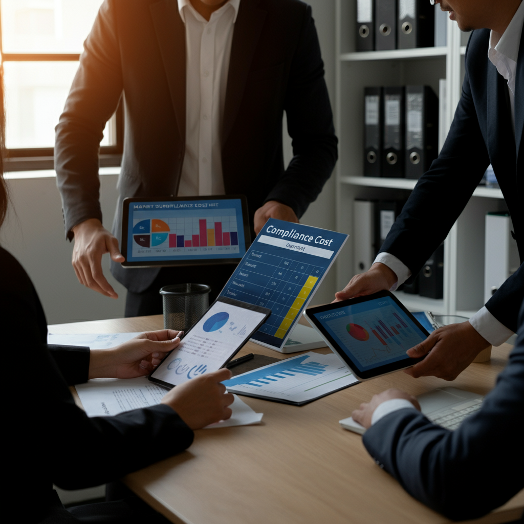 Businesspeople collaborating over a printed 2026 compliance cost table and digital devices displaying Market Surveillance Regulation data in a UK office.