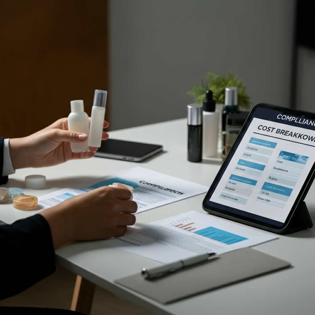 工作区显示双手整理化妆品，并在英国办公室审查产品信息文件合规性的打印成本明细。