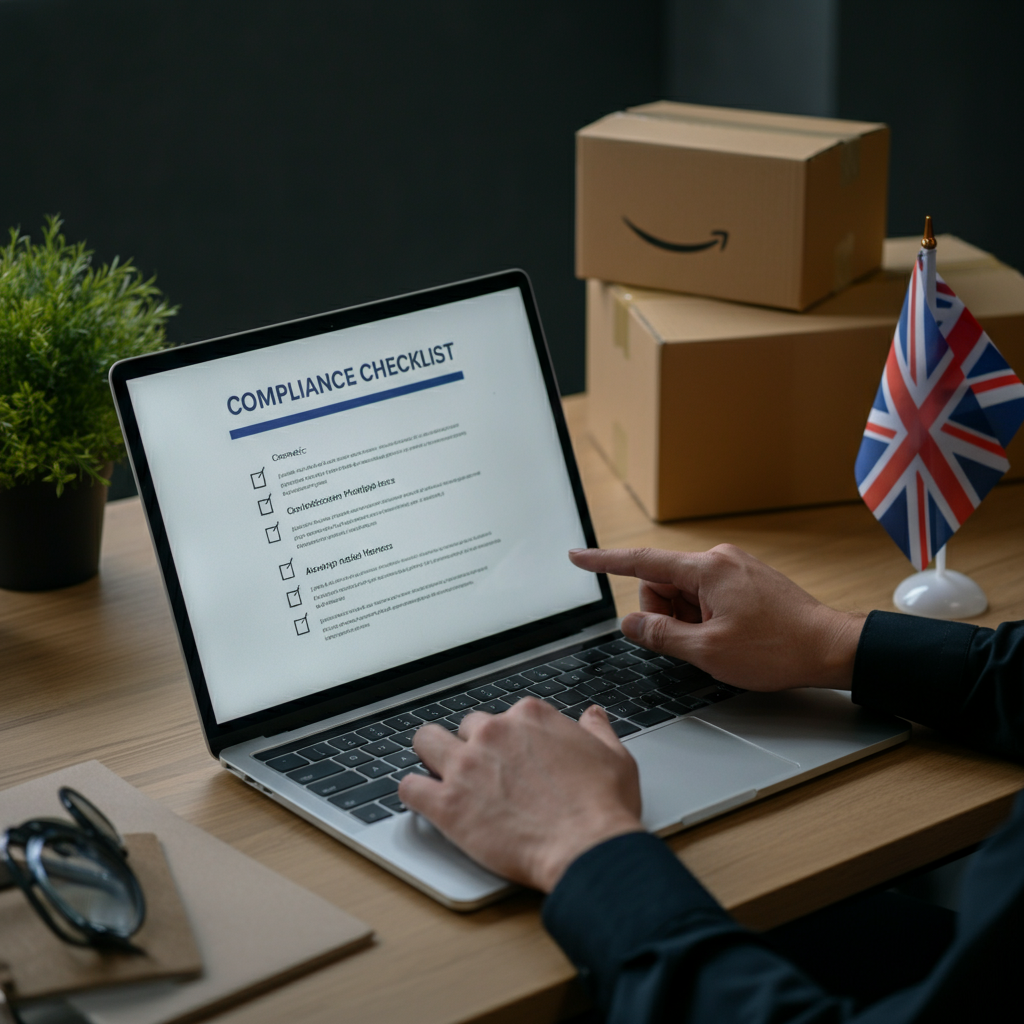 Hands pointing to a compliance checklist on a laptop, surrounded by cosmetic product files and an Amazon shipping box, highlighting the need for a Uk Responsible Person.