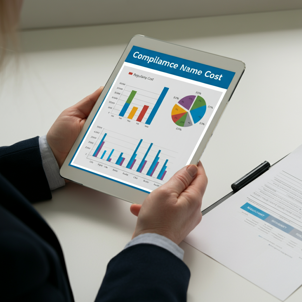 Digital tablet showing Eldris vs Biorius Cosmetic Product Notification cost comparison chart, with hands and compliance paperwork in a modern British office.