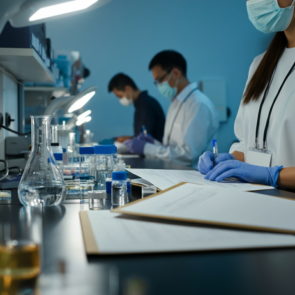 Hands reviewing quality documentation and raw materials in a modern cosmetic production facility, illustrating Cosmetic Good Manufacturing Practices for EU compliance in 2026.
