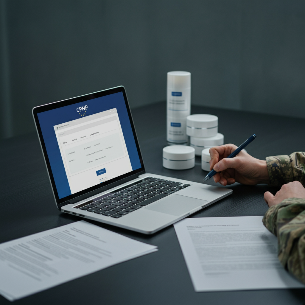 工作区，笔记本电脑上显示CPNP门户，化妆品产品和正在审查的合规文件，说明CPNP注册被驳回的挑战。