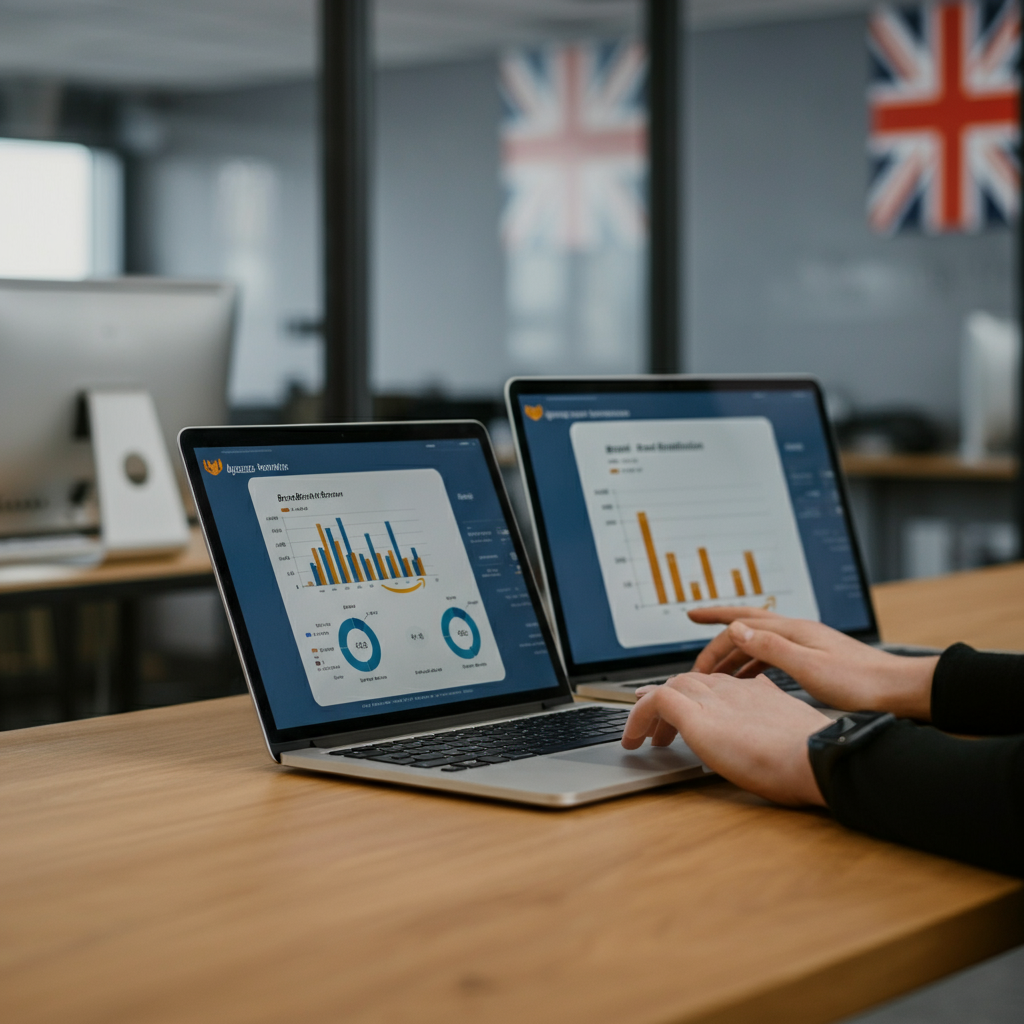 Hands interact with laptops showing Sellerboard and Jungle Scout analytics dashboards in a UK office, representing Amazon brand bounce protection comparison.