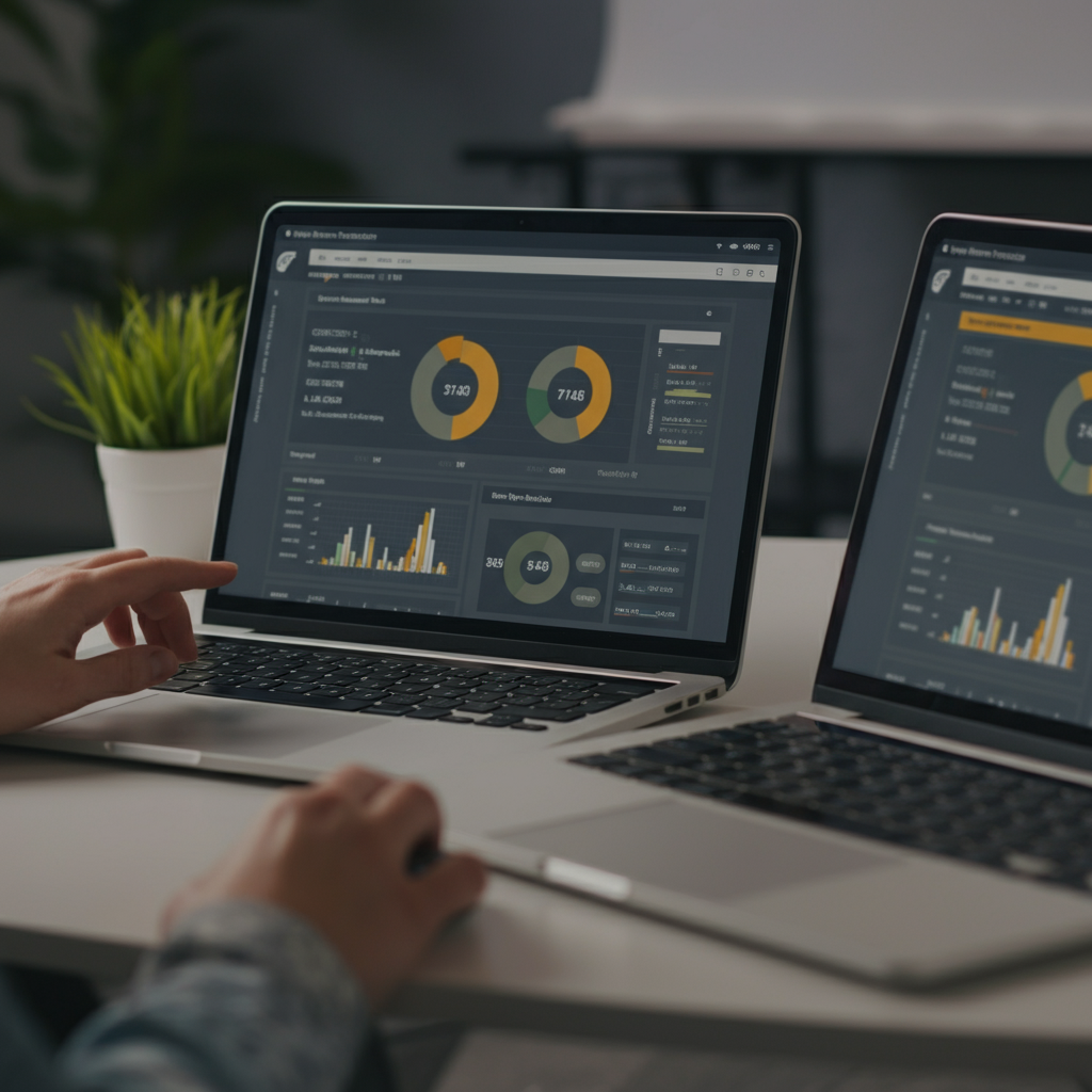Side-by-side laptops show Sellerboard and Jungle Scout dashboards in a UK office, highlighting Amazon brand protection feature comparison.