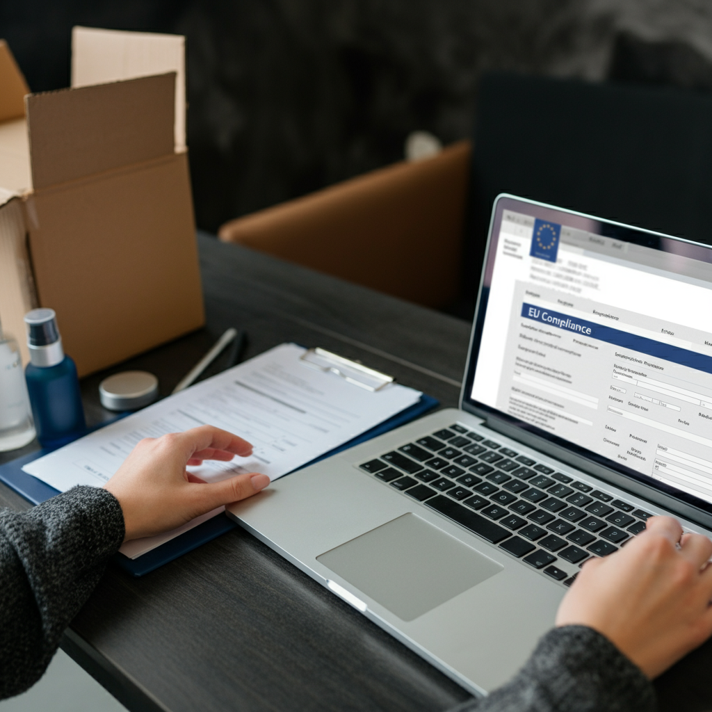手部正在整理合规文件，旁边有化妆品和打开的运输箱，图示 2026 年欧盟法规生效前 eBay 卖家的化妆品通报。