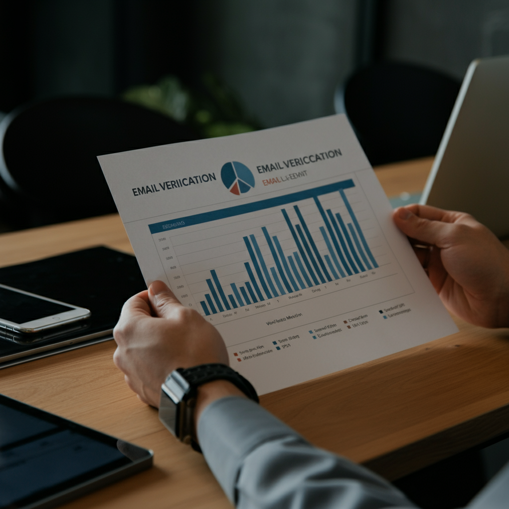 Hands presenting a printed report with Email Verification Tool metrics in a SaaS office, emphasizing data-driven outreach ROI.