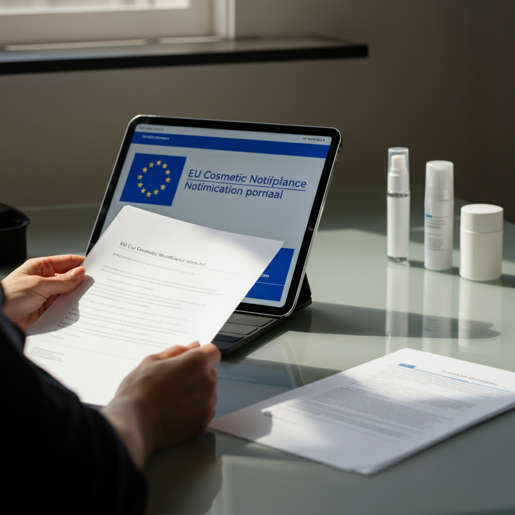 双手正在审阅化妆品合规文件和一台显示化妆品通报门户界面的平板电脑，以此说明截止日期风险管理。