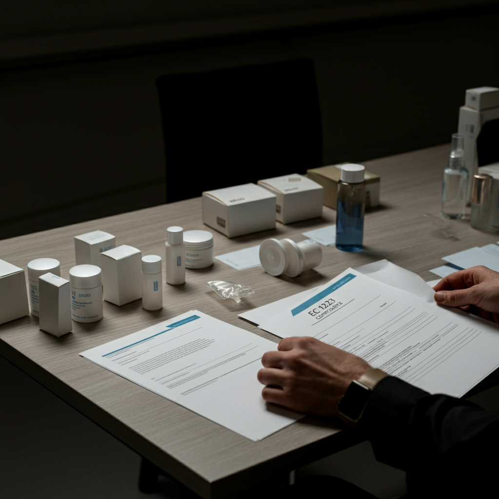 海关检查桌上摆放整齐的 EC 1223 2009 合规文件和化妆品，凸显了小品牌面临的风险。