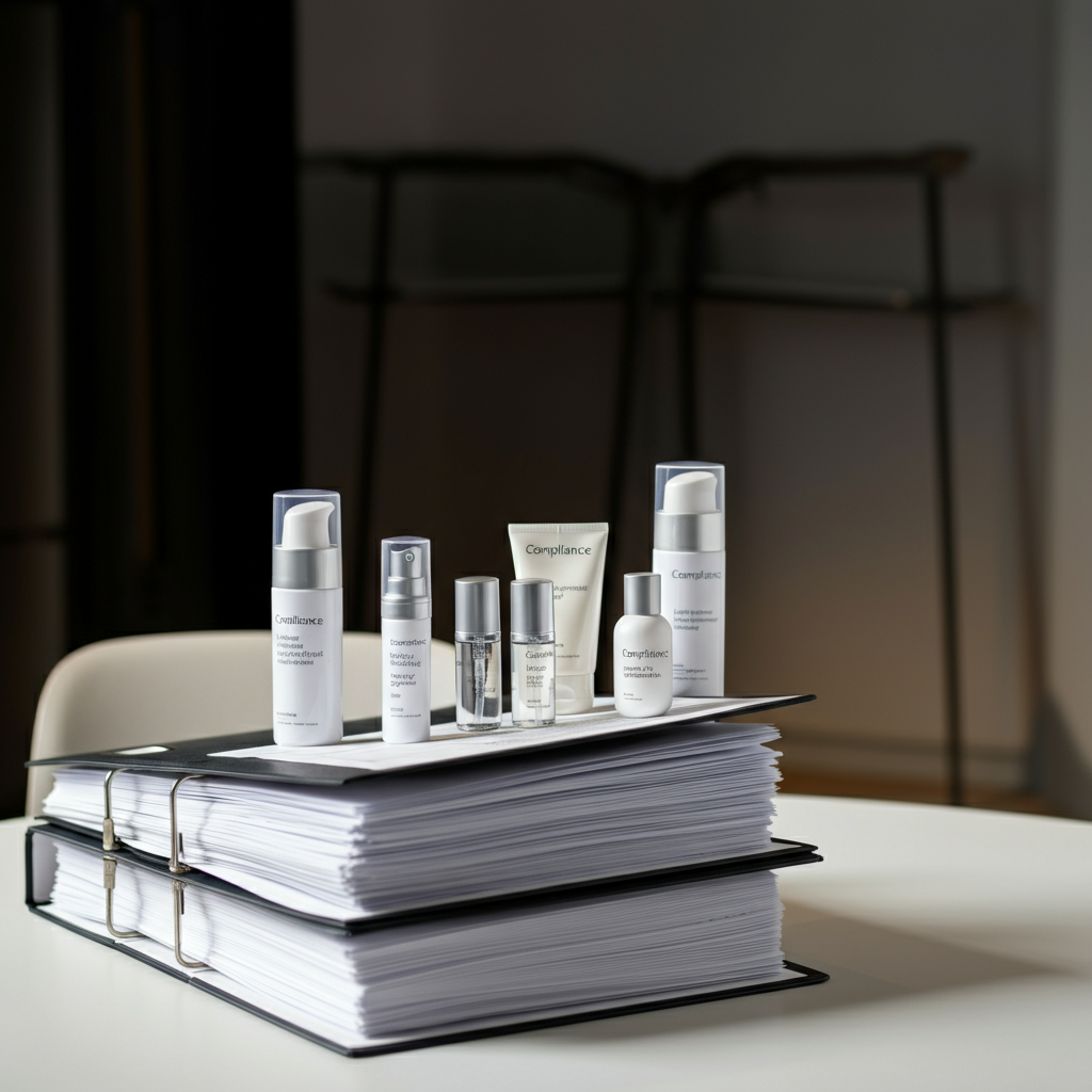 Compliance binder and cosmetic products on a white table in a UK office, highlighting Cosmetic Assessment requirements for Amazon FBA brands.