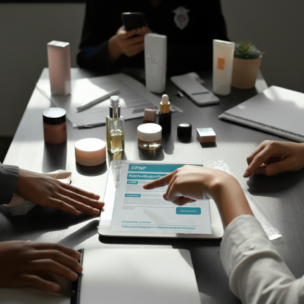 Shopify brand team meeting reviewing cosmetic compliance binders and CPNP portal on a tablet, highlighting EU regulation risks.