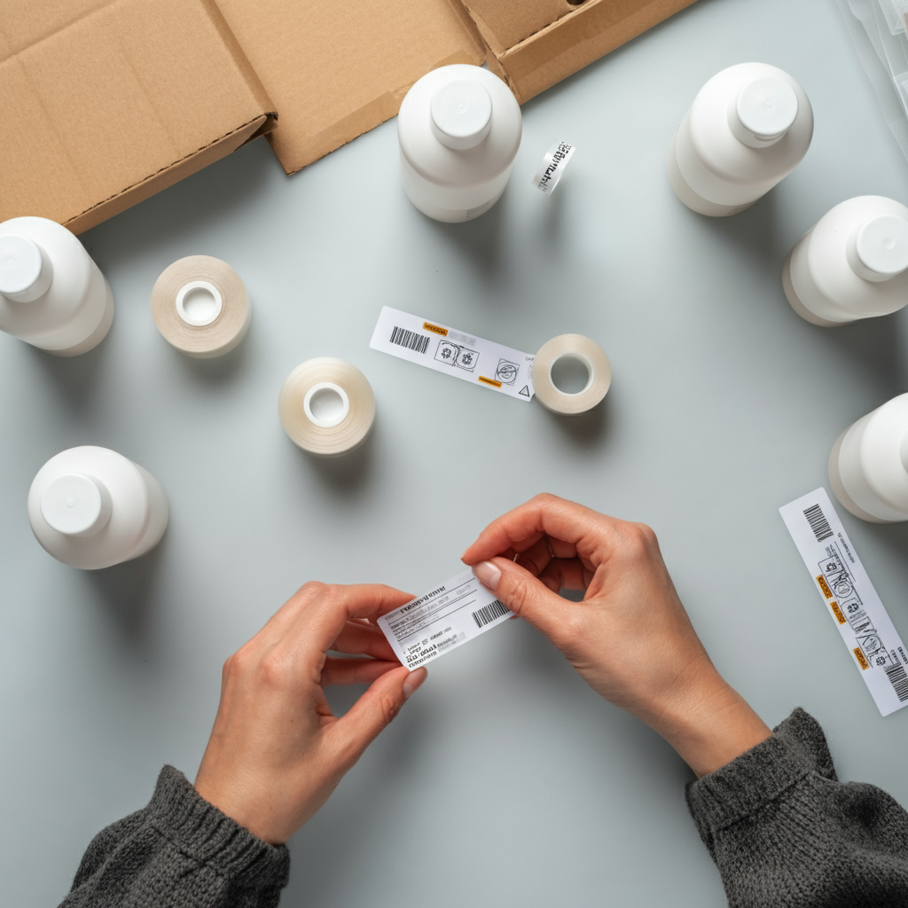 Hands applying EU-compliant labels to cosmetic products, highlighting the importance of Cosmetic Labeling Requirements for Shopify beauty brands.