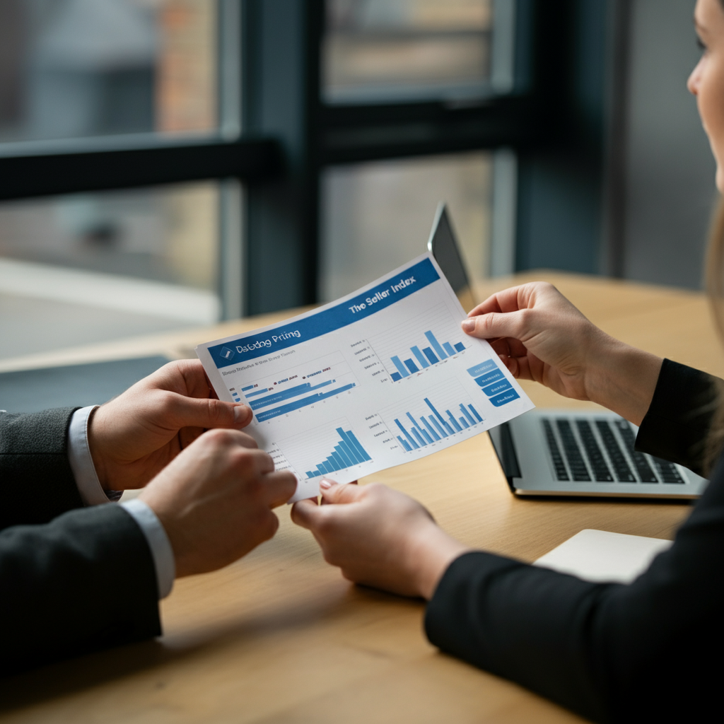 Printed comparison charts of [[Datadog Pricing]] and The Seller Index being reviewed by professionals' hands in a UK office, focusing on Amazon data accuracy.