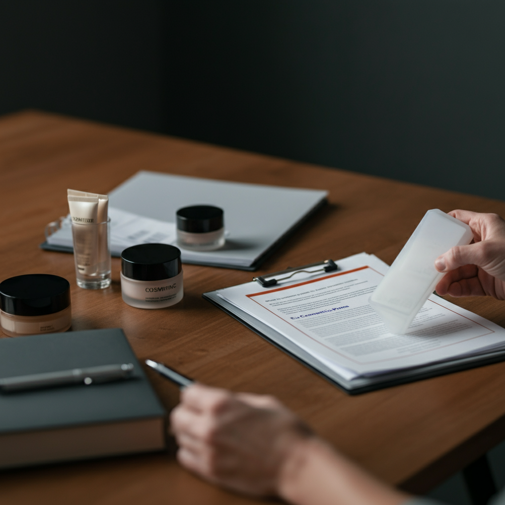 Workspace with hands arranging cosmetic products and compliance folders, highlighting [[Eu Cosmetics documentation for Amazon sellers.