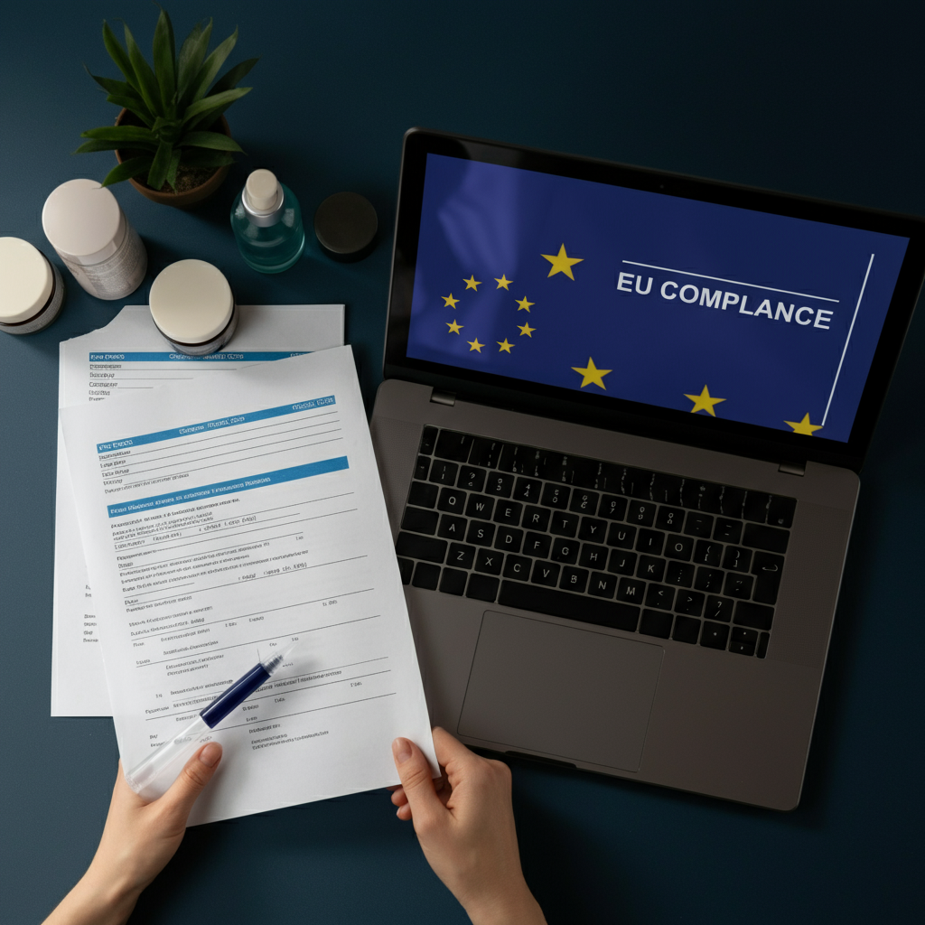 中国化妆品产品与合规文件，双手正在整理CPNP注册文件，强调2026年欧盟截止日期。