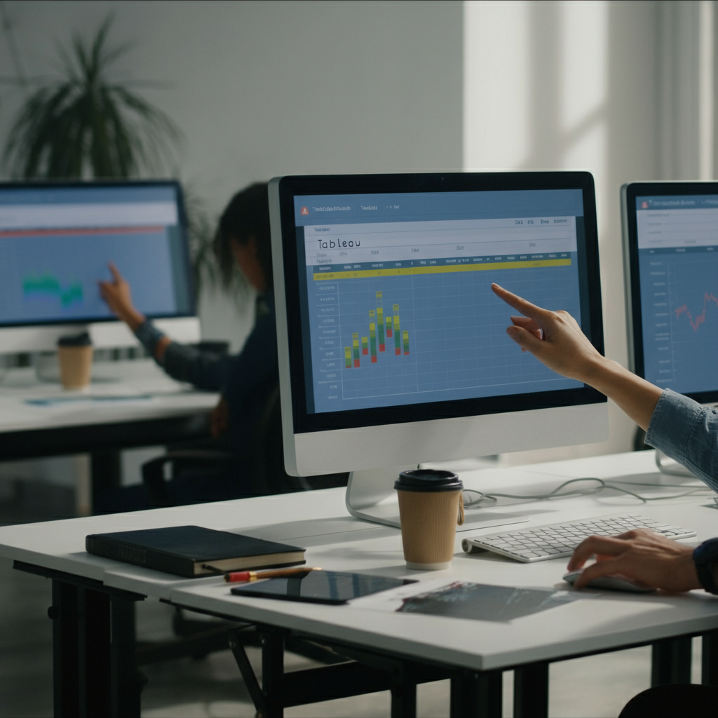 Collaboration in a modern agency office with Tableau pricing tables and outreach analytics visible on multiple screens, illustrating hidden cost strategy.