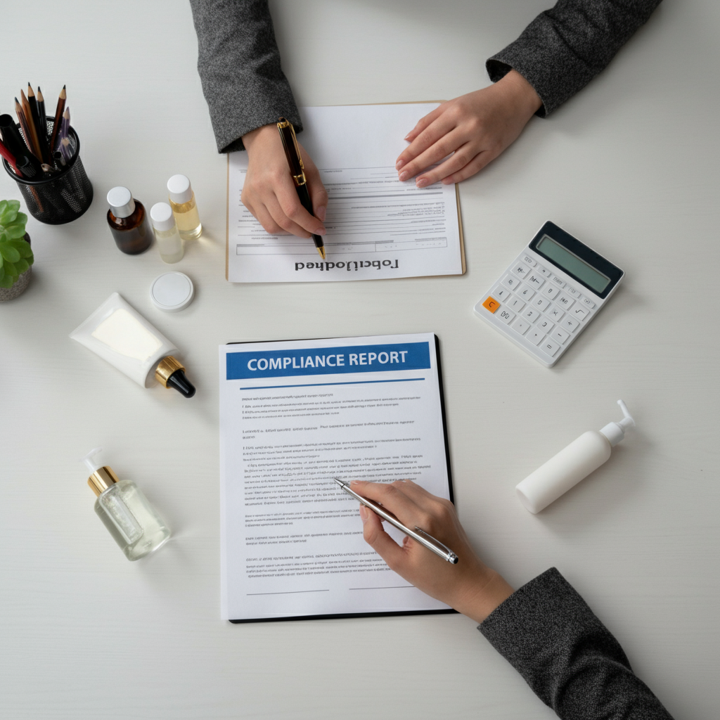 Desk with cosmetic products and CPSR safety reports being reviewed for Amazon seller compliance under Cosmetic Industry Regulations.