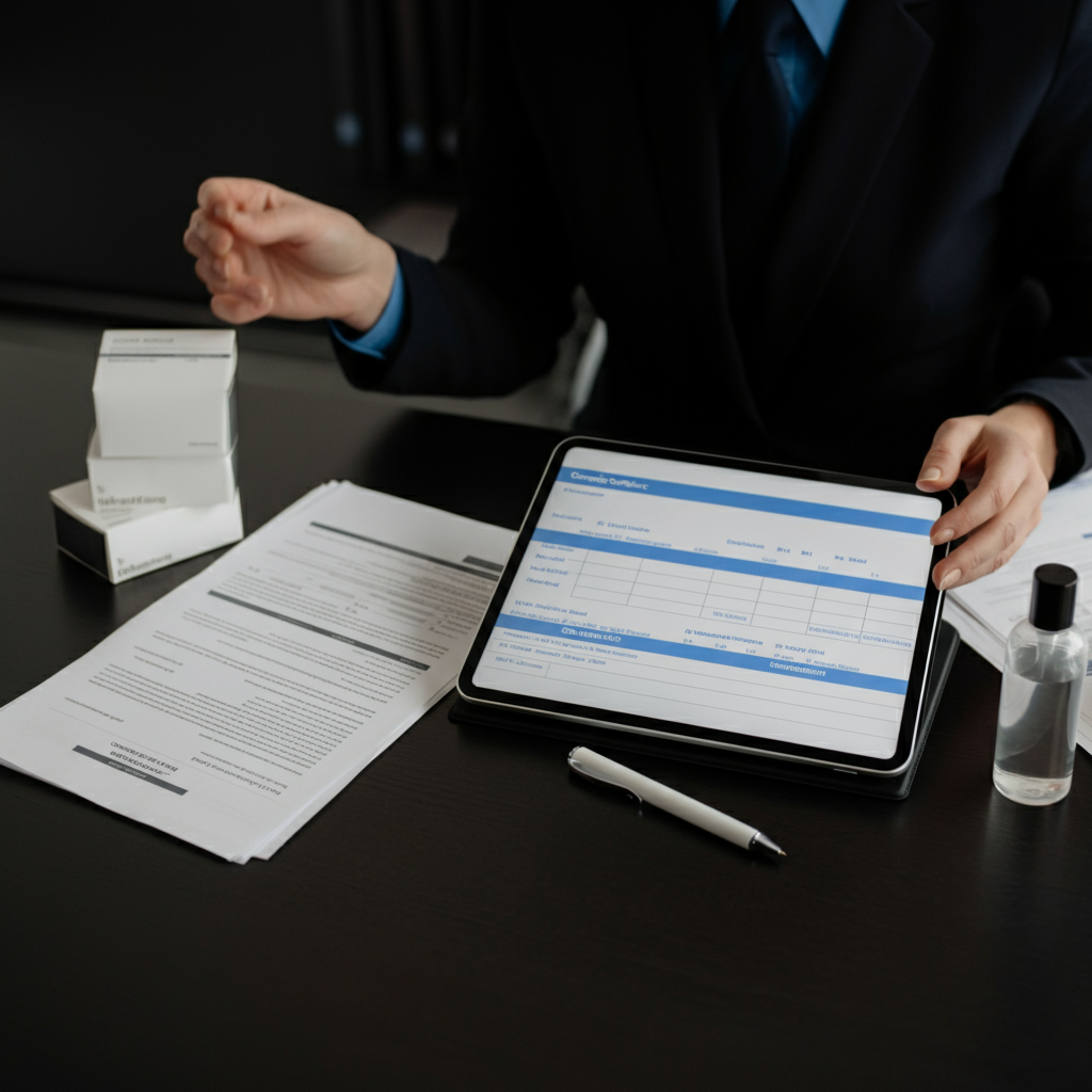 桌面上的化妆品产品通报文件和成本表，突出显示2026年欧盟化妆品卖家的合规费用。