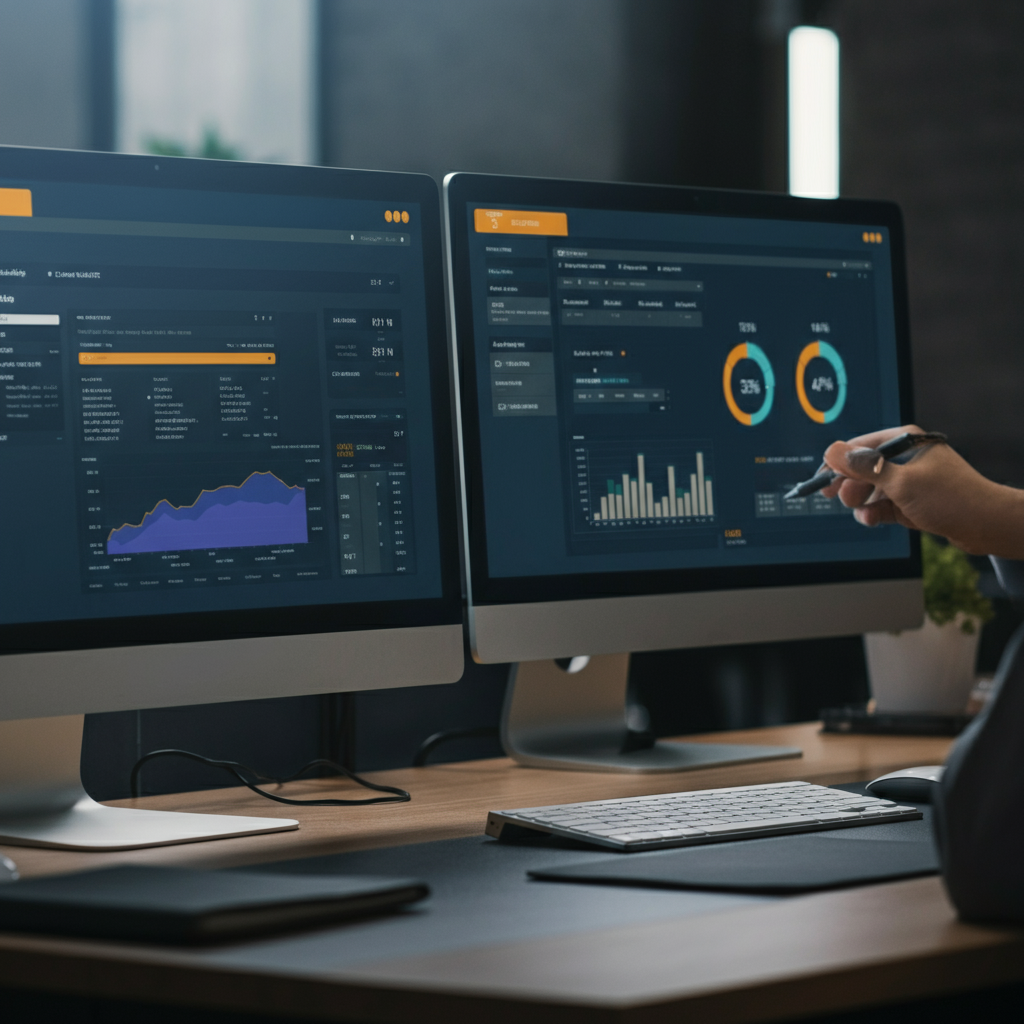 A modern workspace with several monitors showing email verification tool dashboards and comparison charts for Amazon seller outreach.