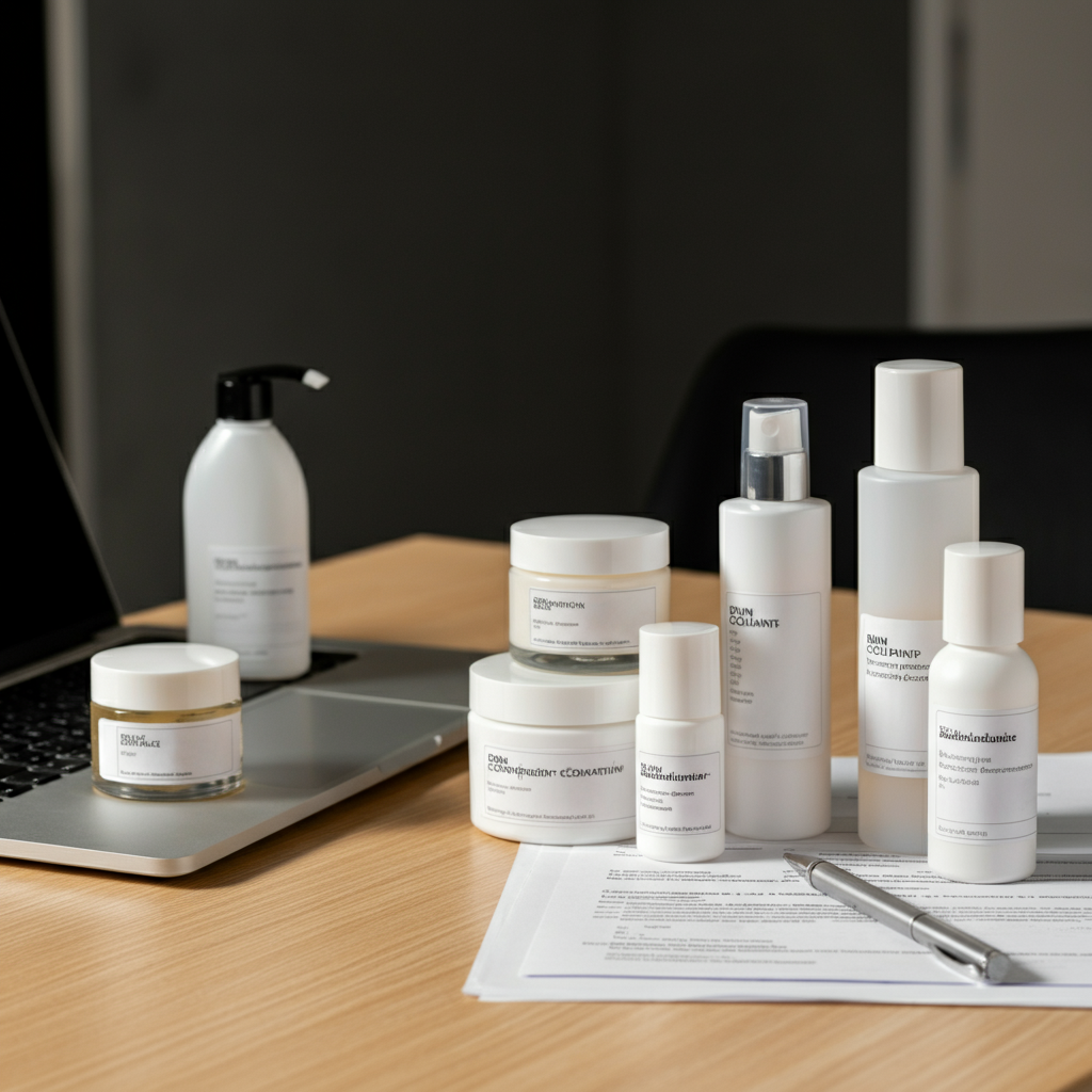 关键概念图：在英国办公室环境中，检查化妆品标签要求是否符合欧盟合规性，包括包装、标签和合规文件。