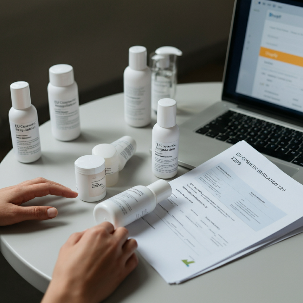 Hands cross-checking cosmetic product labels with EU Cosmetic Regulation 1223 2009 documentation and a Shopify dashboard in a modern office.