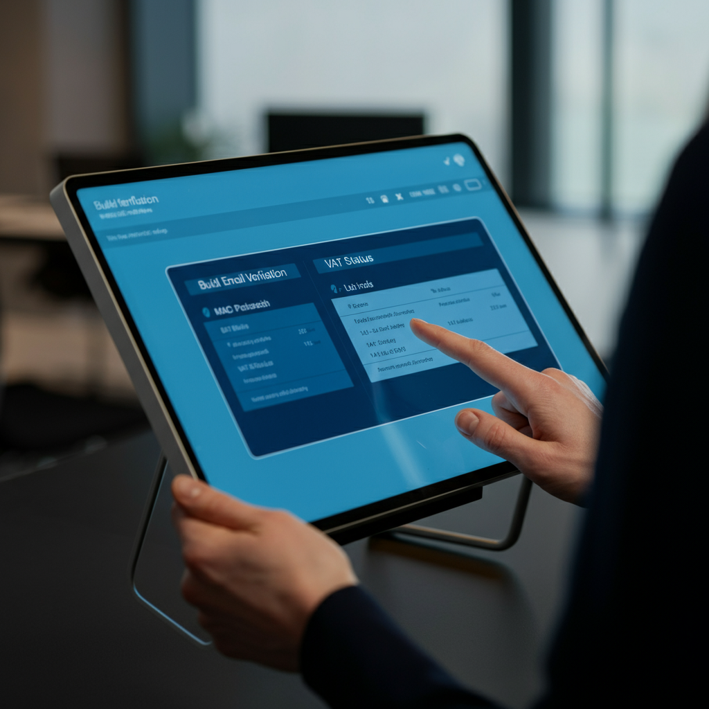Hands using a touchscreen tablet to verify seller emails and VAT status, illustrating the importance of data quality and compliance in 2026 campaigns.