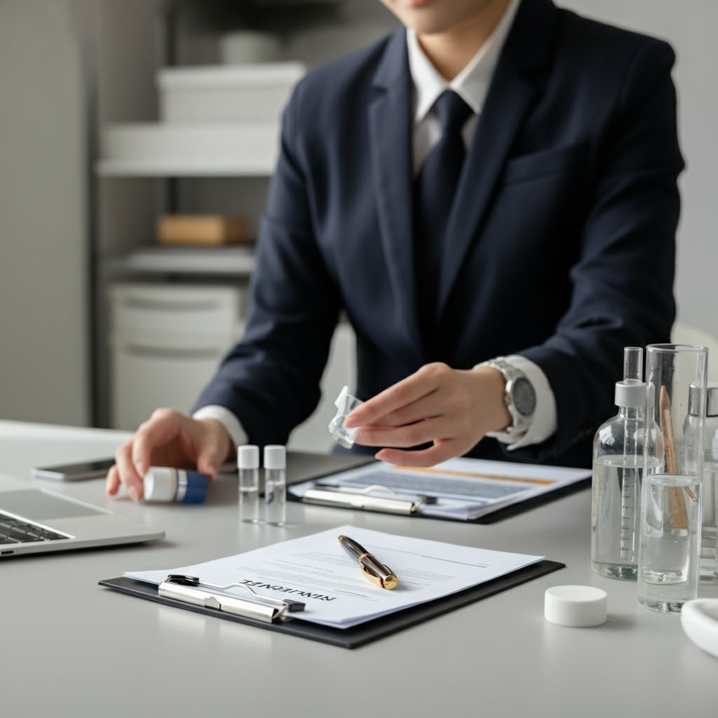 Hands arranging cosmetic samples and compliance paperwork, illustrating the process of preparing for Amazon cosmetic assessment and regulatory approval.