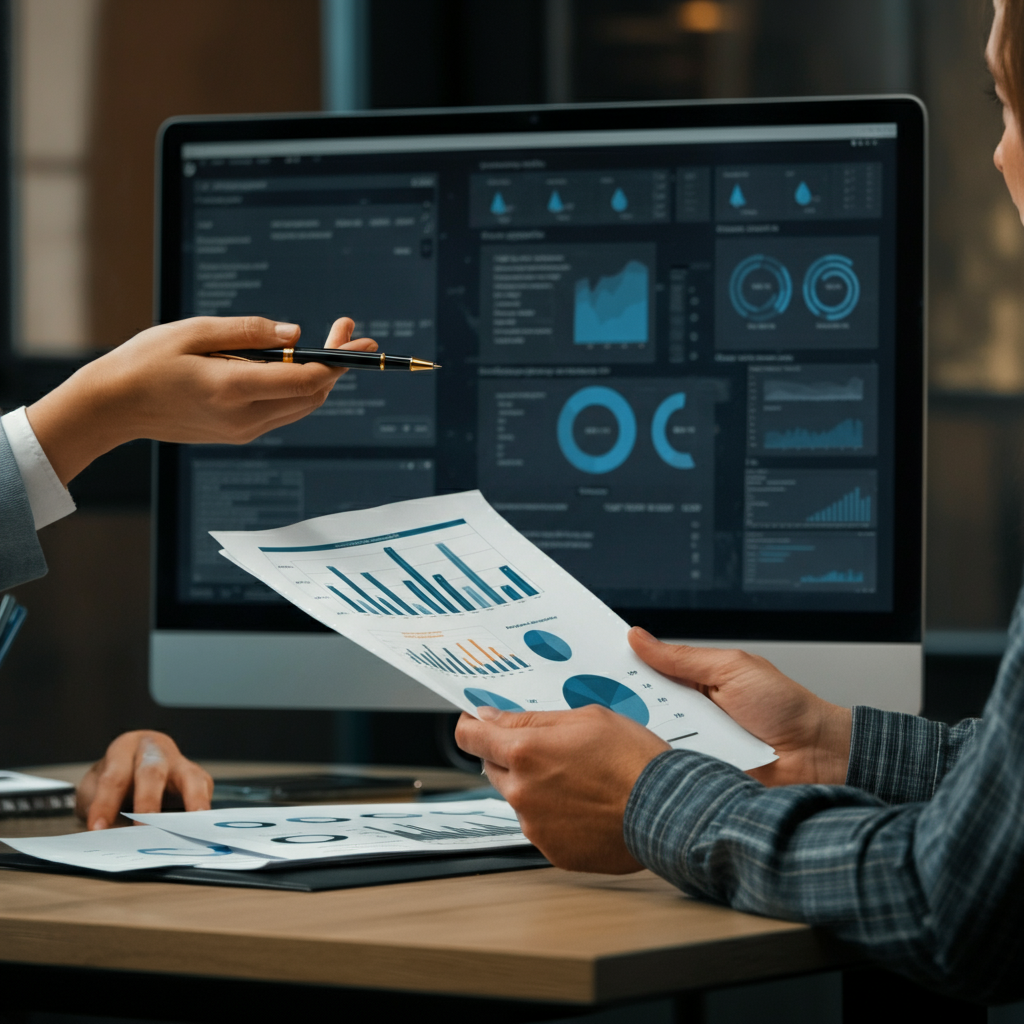 Hands reviewing printed Amazon audience segmentation reports, highlighting data verification for SaaS targeting audience segments.