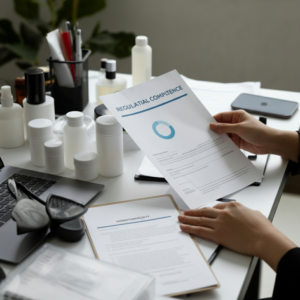 A UK office workspace showing hands referencing EC No 1223 2009 compliance paperwork and cosmetic product containers, illustrating 2026 regulatory cost planning.