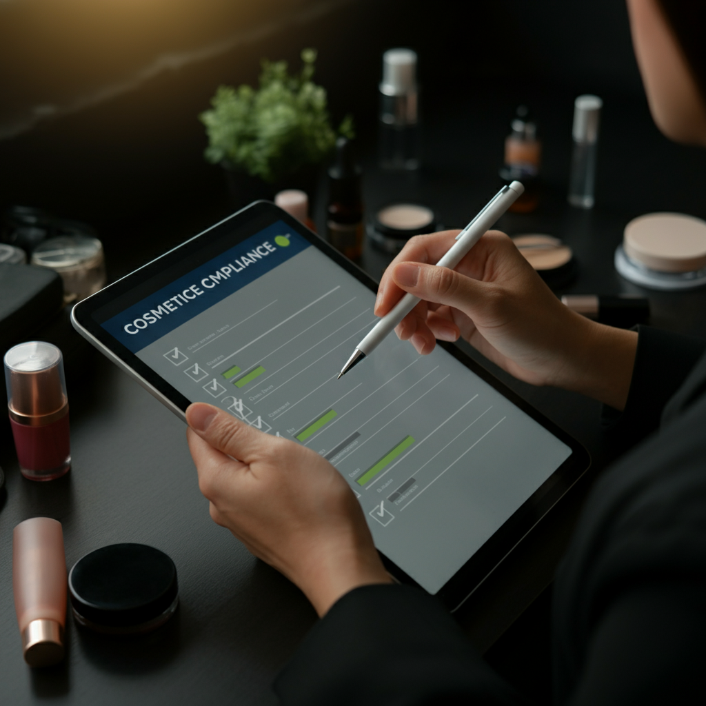 Hands reviewing Cpnp Cosmetics compliance checklists and digital reports on a tablet, with cosmetics and paperwork on a UK office desk.