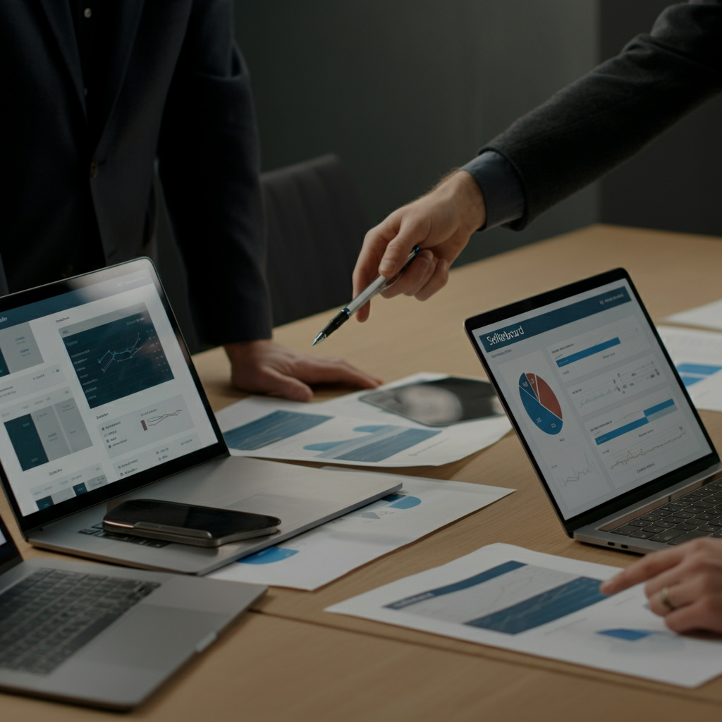Team members' hands review Sellerboard VAT verified data reports and dashboards in a UK logistics conference room, illustrating data-driven decisions.