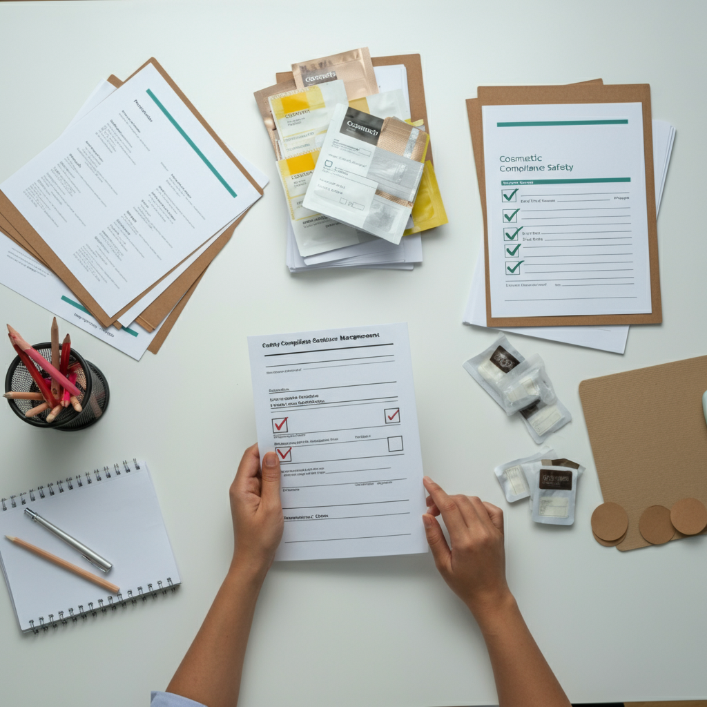 Overhead view of hands reviewing a cosmetic compliance checklist with product safety files and packaging, illustrating documentation risks in cosmetic compliance.